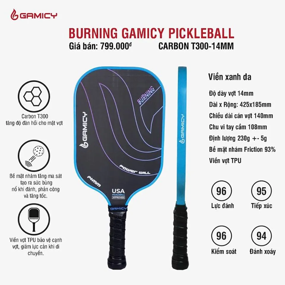 Vợt Pickleball Gamicy Burning T300 (Vàng, M)