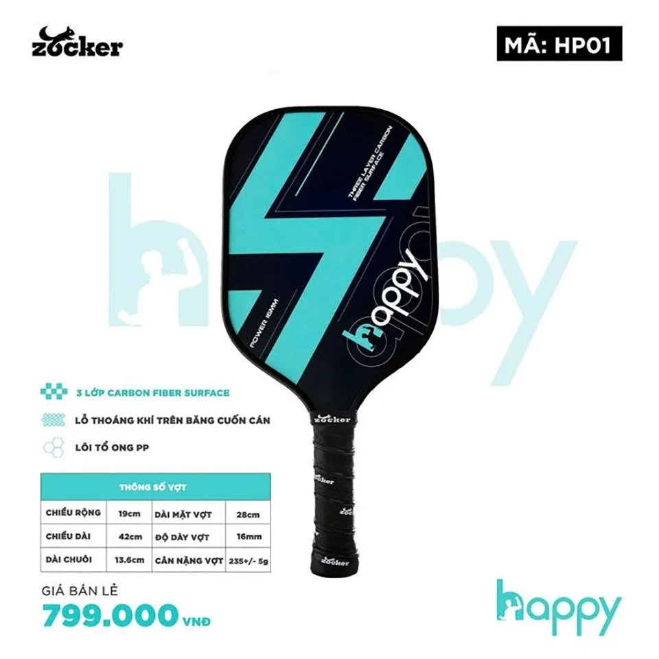 Vợt Pickleball Zocker HP01 Thunder (Vàng, M)