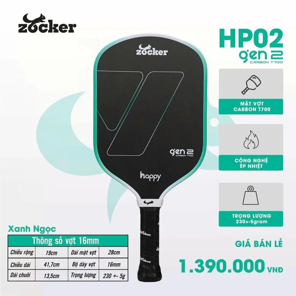 Vợt Pickleball Zocker HP02 gen 2-16mm (Vàng, M)